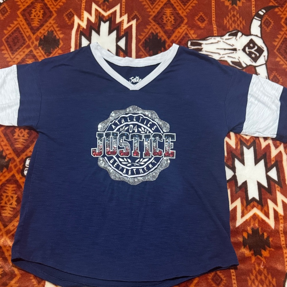 Justice Navy Short-Sleeve V-Neck Tee with White Sleeve Accents